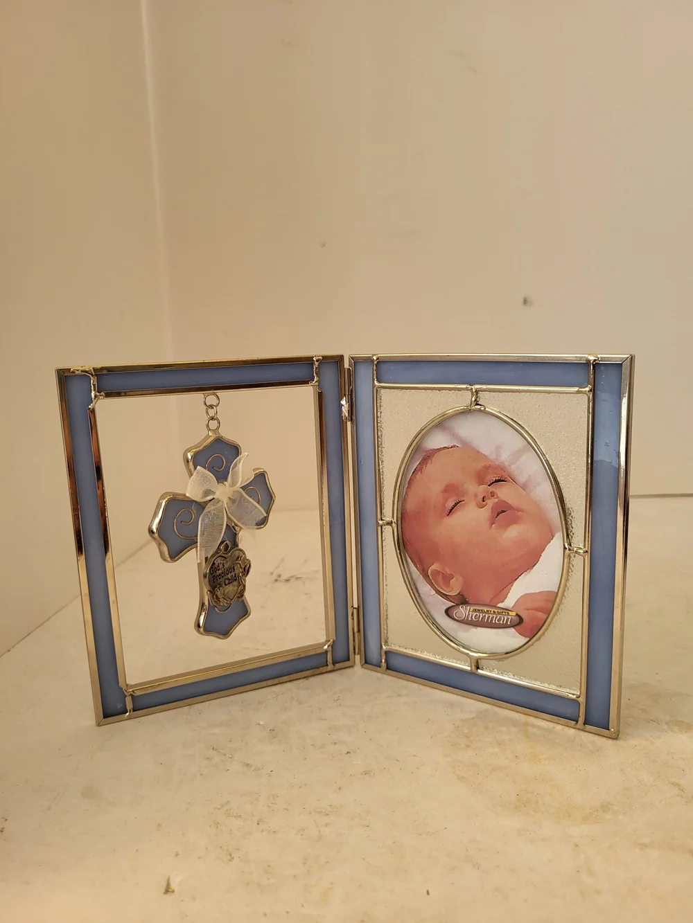 Blue Stained Glass Double Photo Frame with Cross Accent